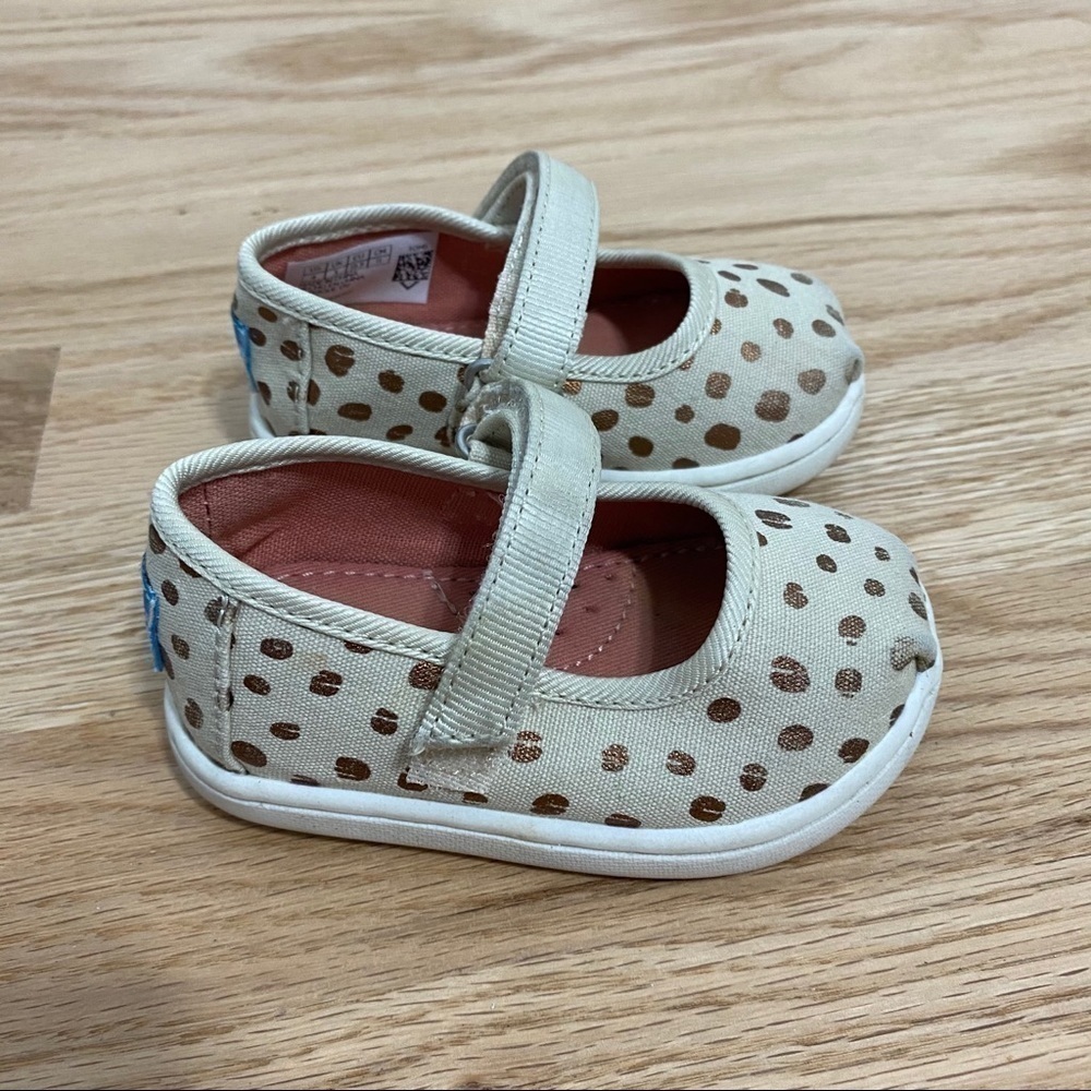 Toms Bronze Polka Dot Velcro Shoes Sz 4 Kids Baby Mary Jane Flats